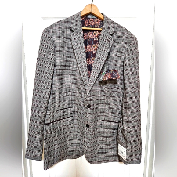 NWT Paisley & Gray Slim Fit 52R/XXL Suit/Blazer with Vest and Handkerchief Set